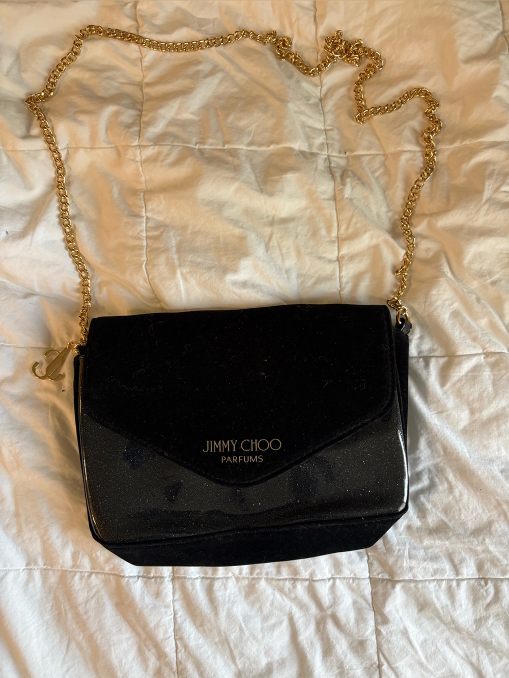 Jimmy Choo Black Velvet & Patent Crossbody with Gold Chain